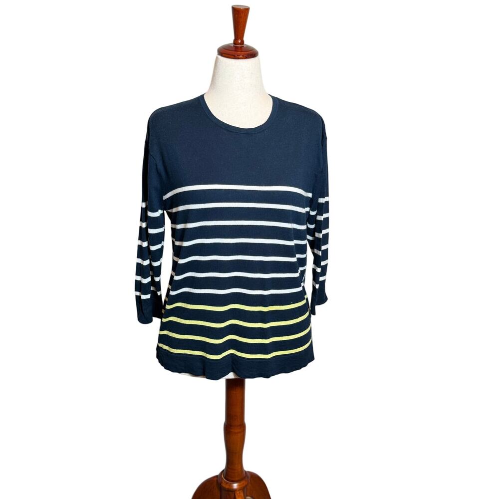 J. Jill navy blue lightweight 3/4 sleeve sweater white & lime green stripes Sz M
